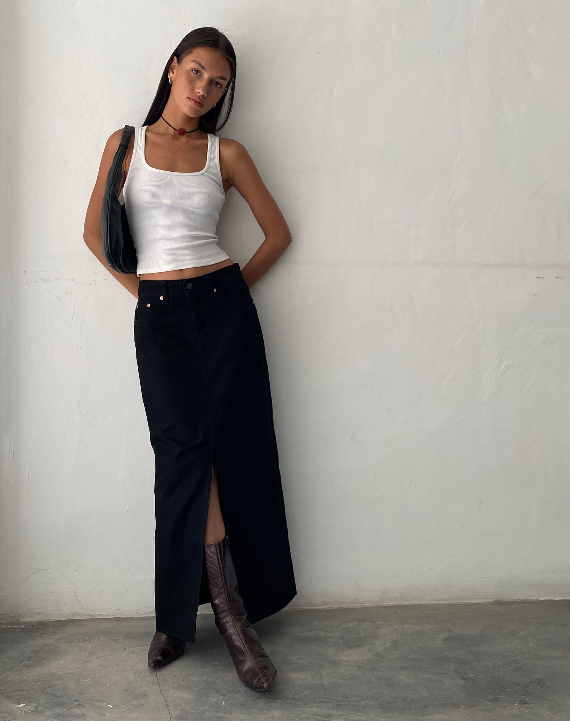 Low Rise Denim Maxi Skirt in Rinse Black-Nico Sky