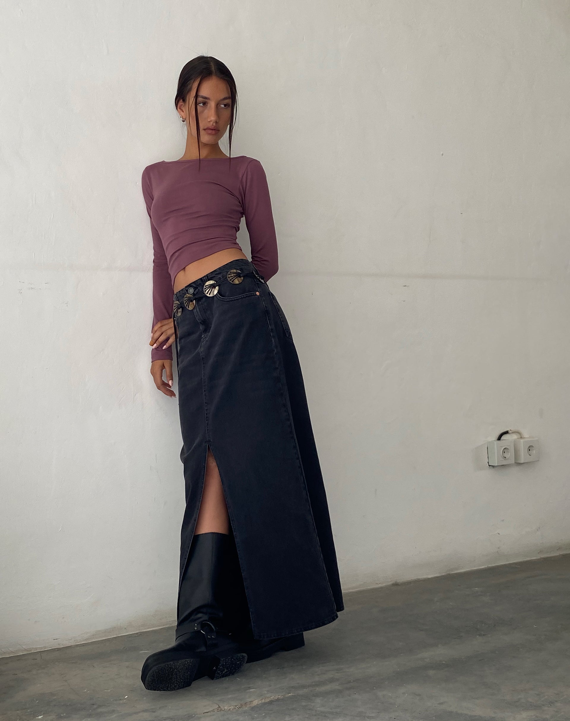 Low Rise Denim Maxi Skirt in Vintage Black-Nico Sky