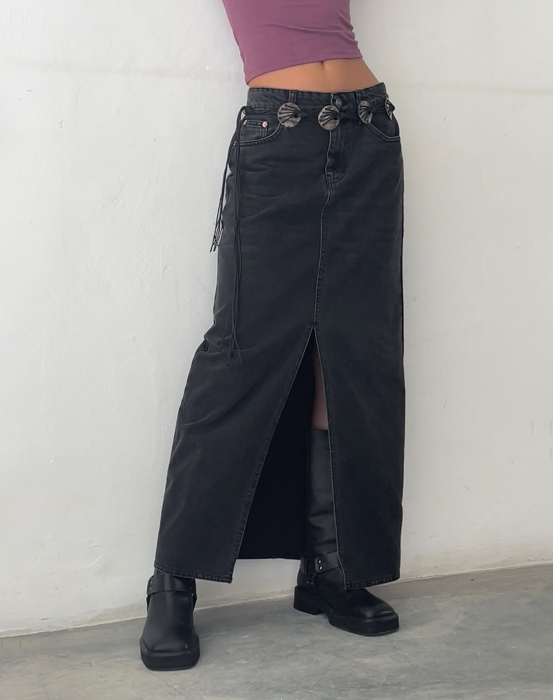 Low Rise Denim Maxi Skirt in Vintage Black-Nico Sky