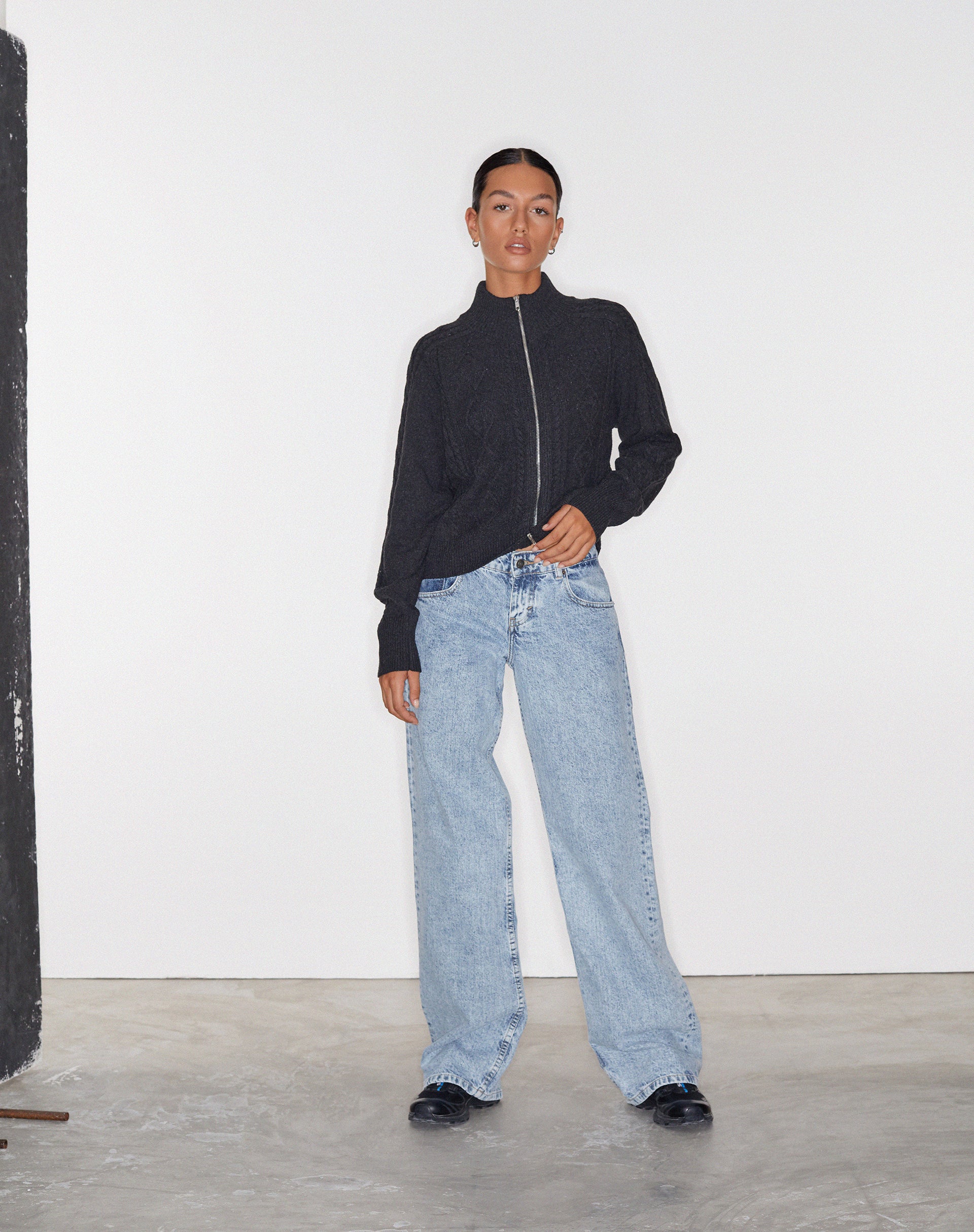 Lemila Cable Knit Jacket in Dark Shadow-Nico Sky