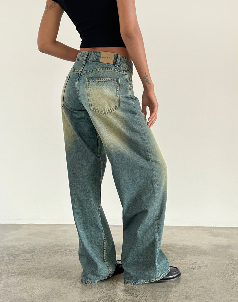 Roomy Extra Wide Low Rise Jeans in Mid Used Green-Nico Sky