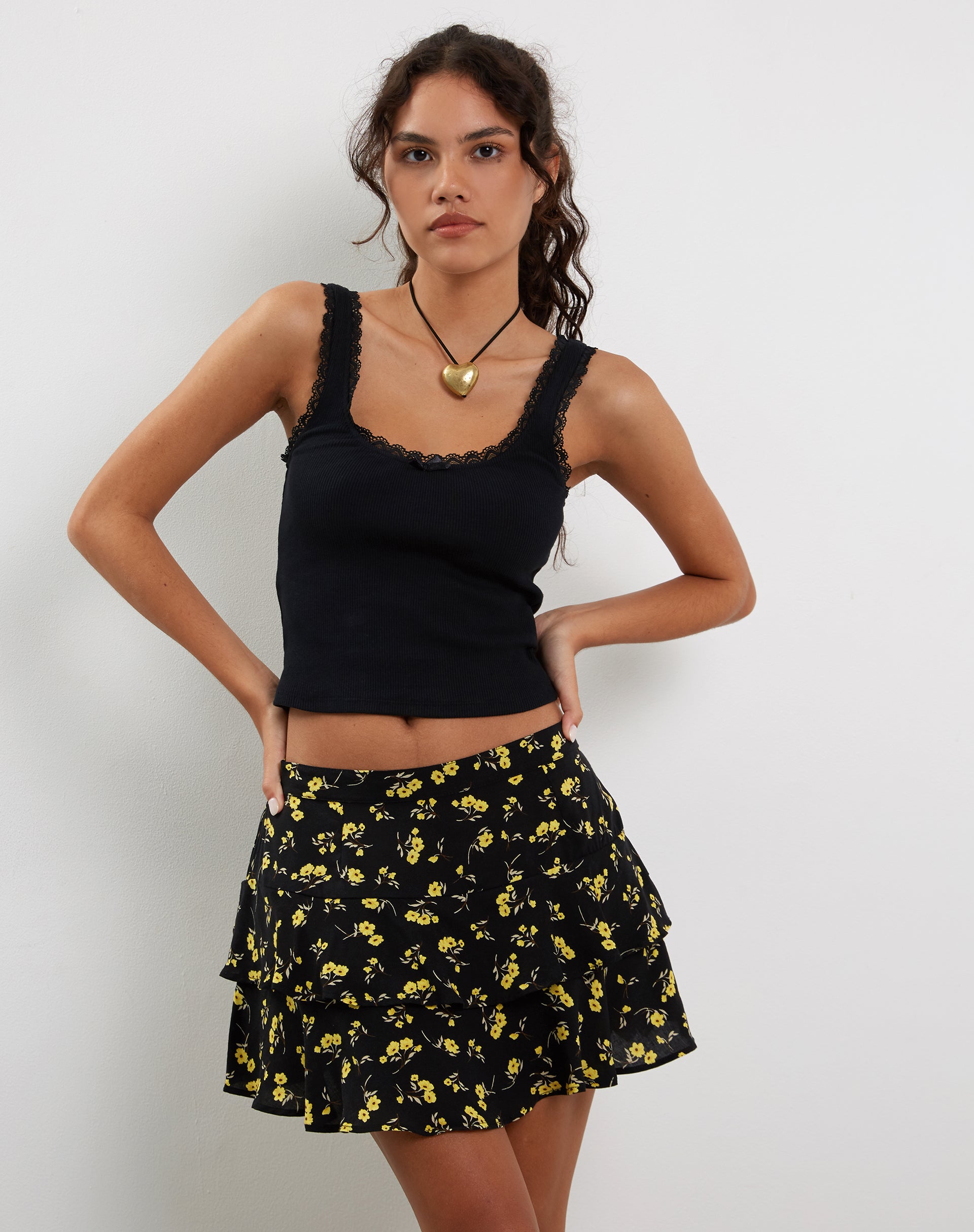 Lowisa Frill Mini Skirt in Buttercup Black Yellow-Nico Sky
