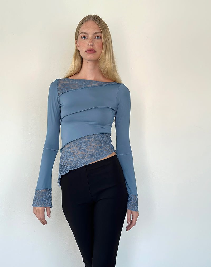 Lucca Long Sleeve Top In Lace Steel Blue-Nico Sky
