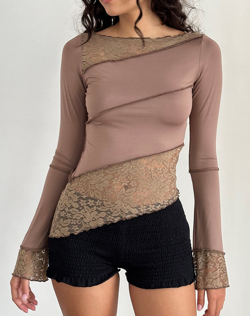 Lucca Long Sleeve Top in Slinky Lace Mocha-Nico Sky