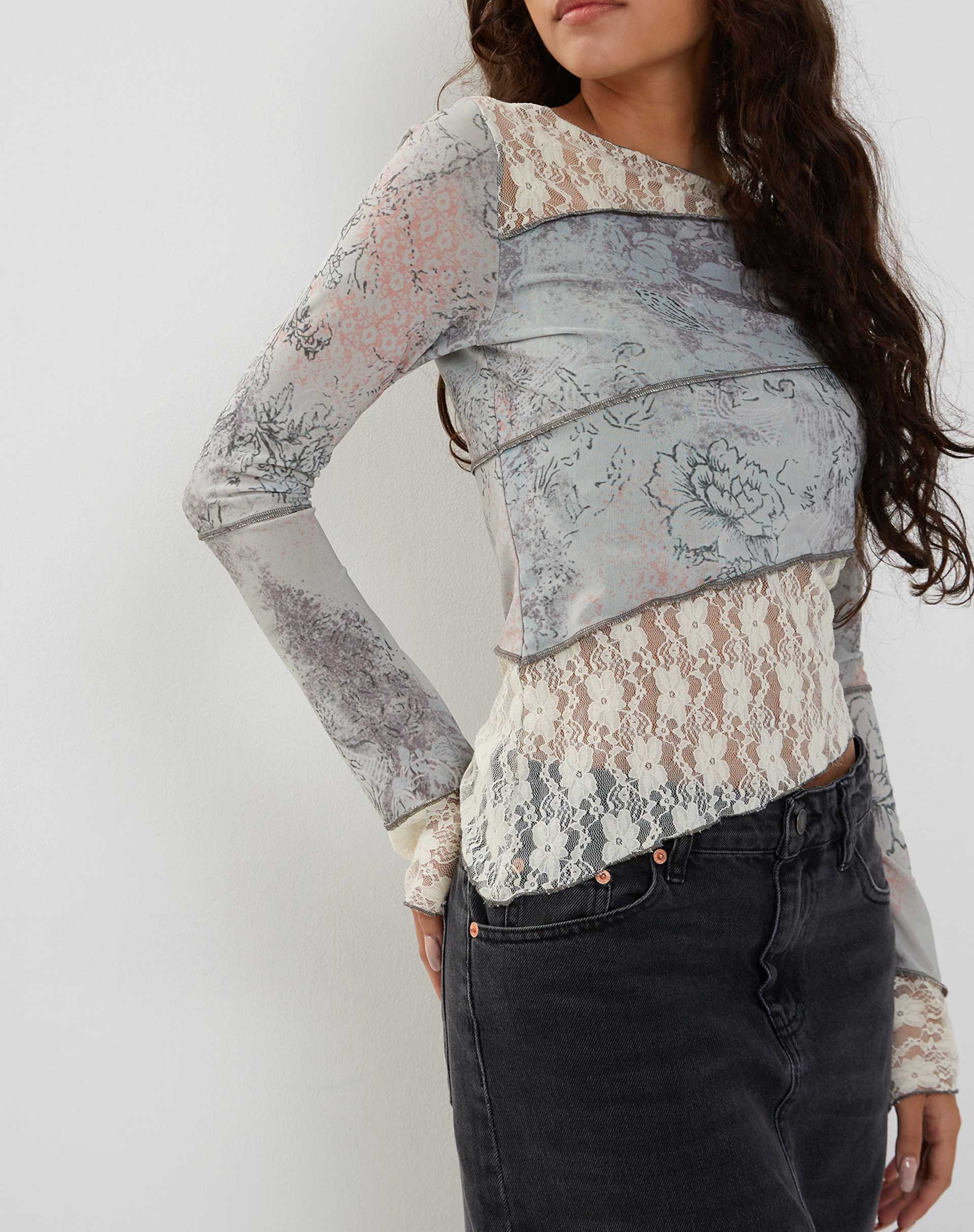 Lucca Long Sleeve Top in Lace Pastel Floral-Nico Sky