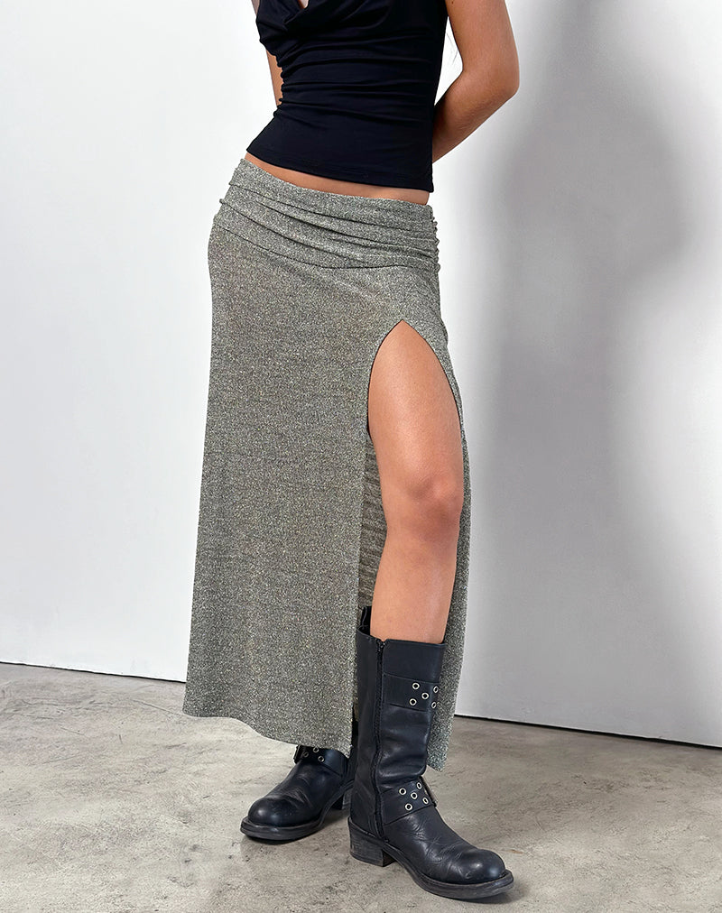Luciara Midi Skirt in Glitter Knit Khaki-Nico Sky