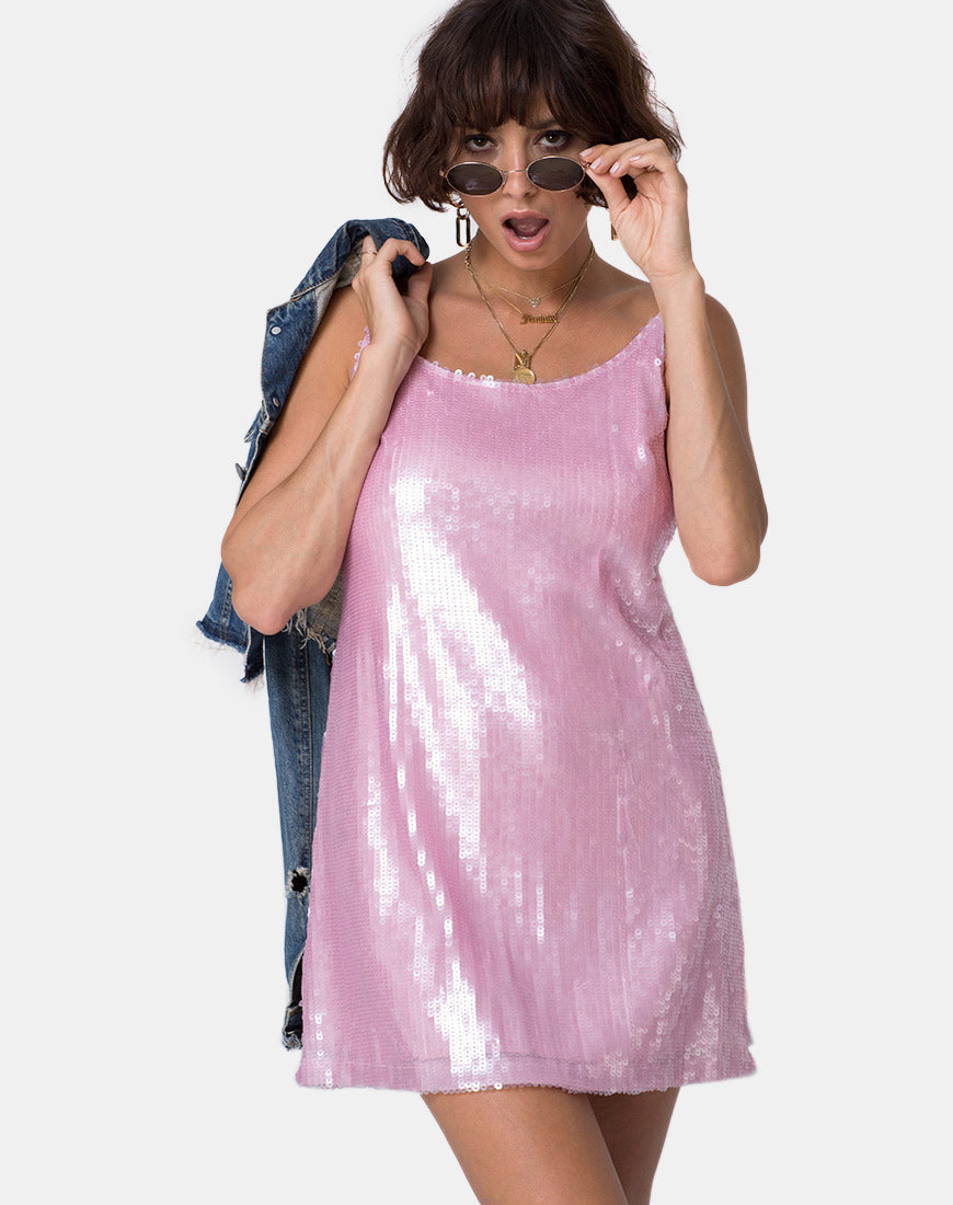 Luciette Dress in Tint Sequin Pink-Nico Sky