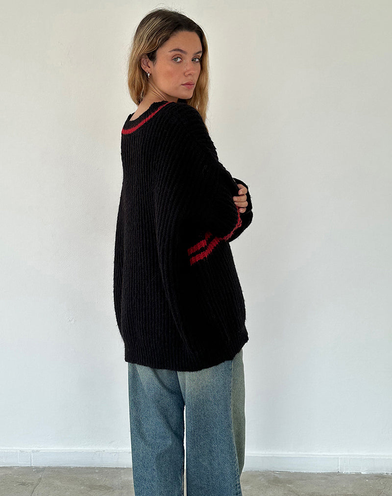 Lulees Oversized Jumper in Black with Red Star and Stripes-Nico Sky