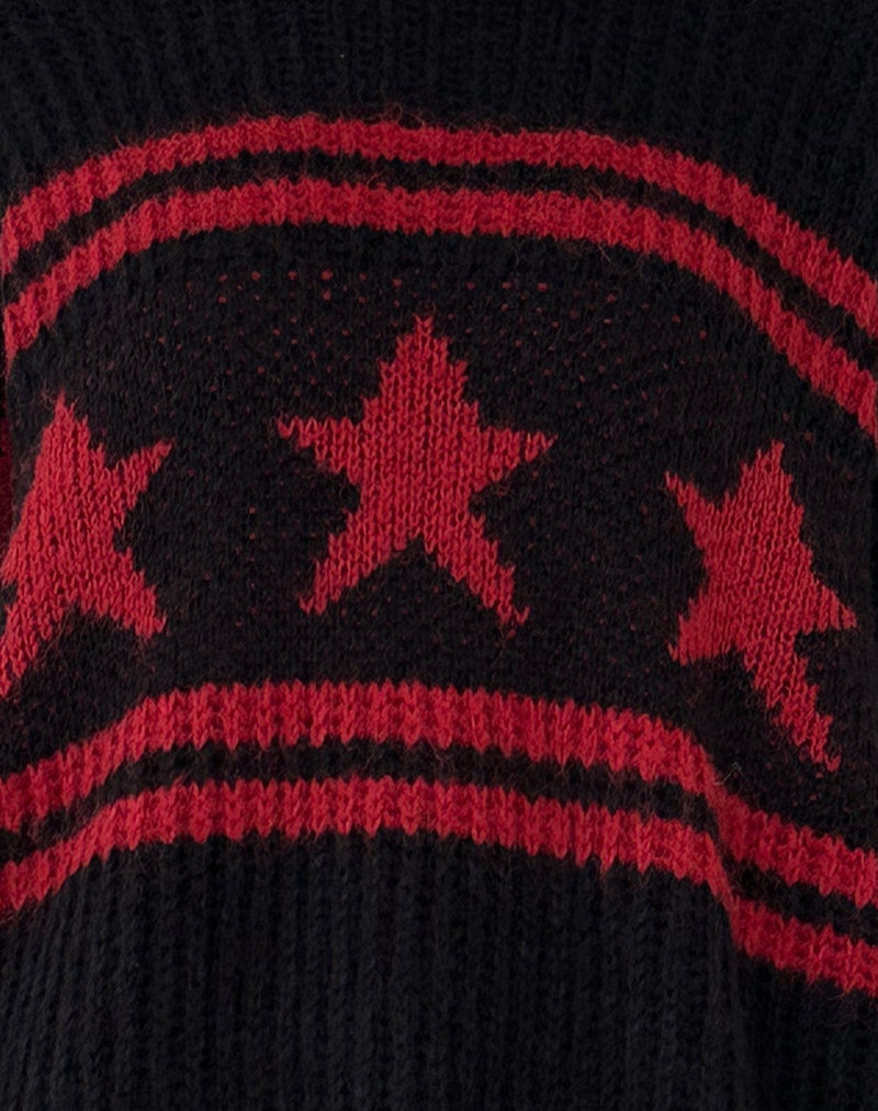 Lulees Oversized Jumper in Black with Red Star and Stripes-Nico Sky