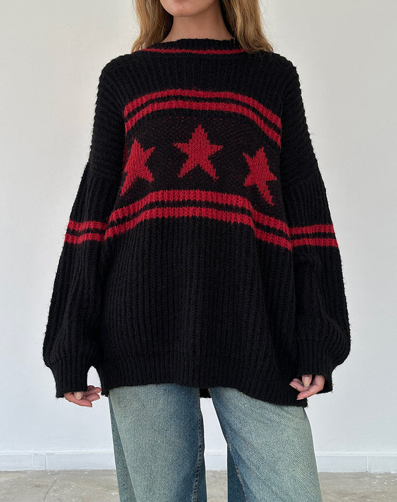 Lulees Oversized Jumper in Black with Red Star and Stripes-Nico Sky