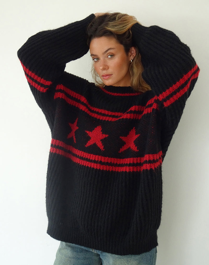 Lulees Oversized Jumper in Black with Red Star and Stripes-Nico Sky
