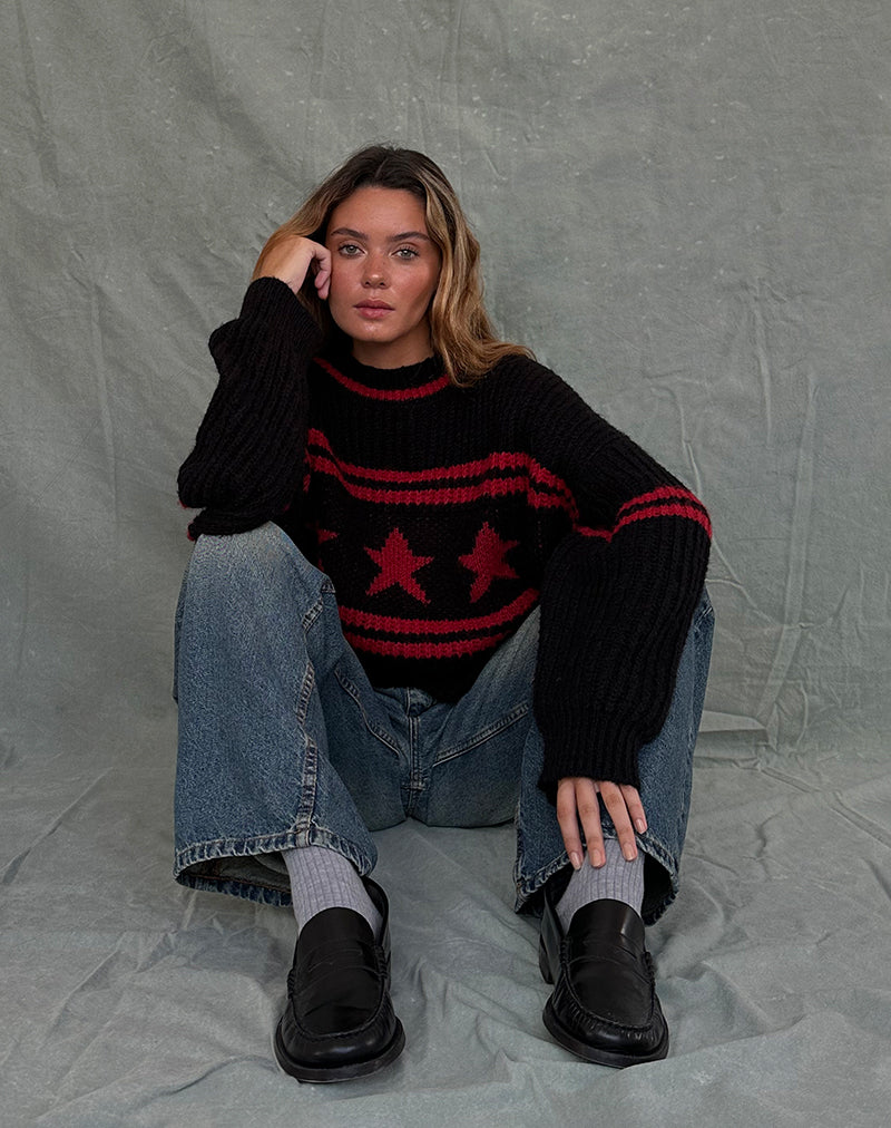 Lulees Oversized Jumper in Black with Red Star and Stripes-Nico Sky