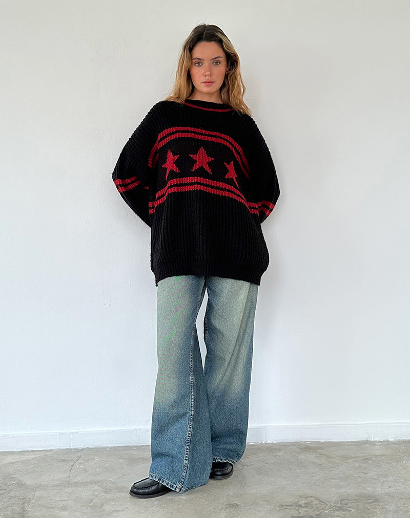 Lulees Oversized Jumper in Black with Red Star and Stripes-Nico Sky