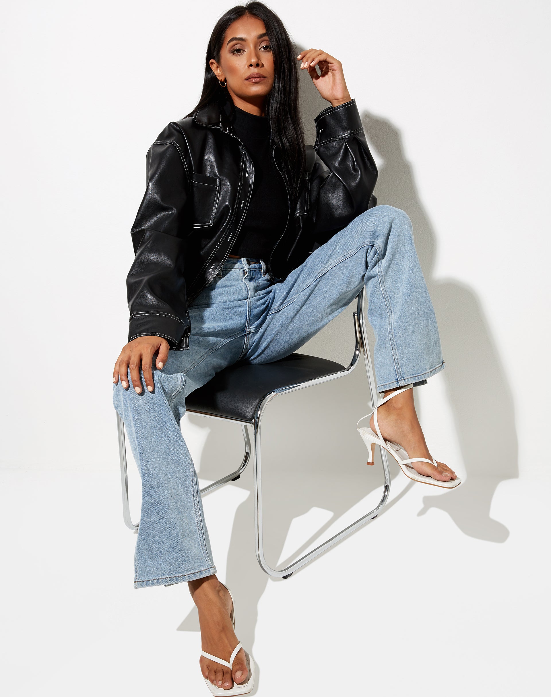 Lumberjack Shirt in PU Black with White Stitch-Nico Sky