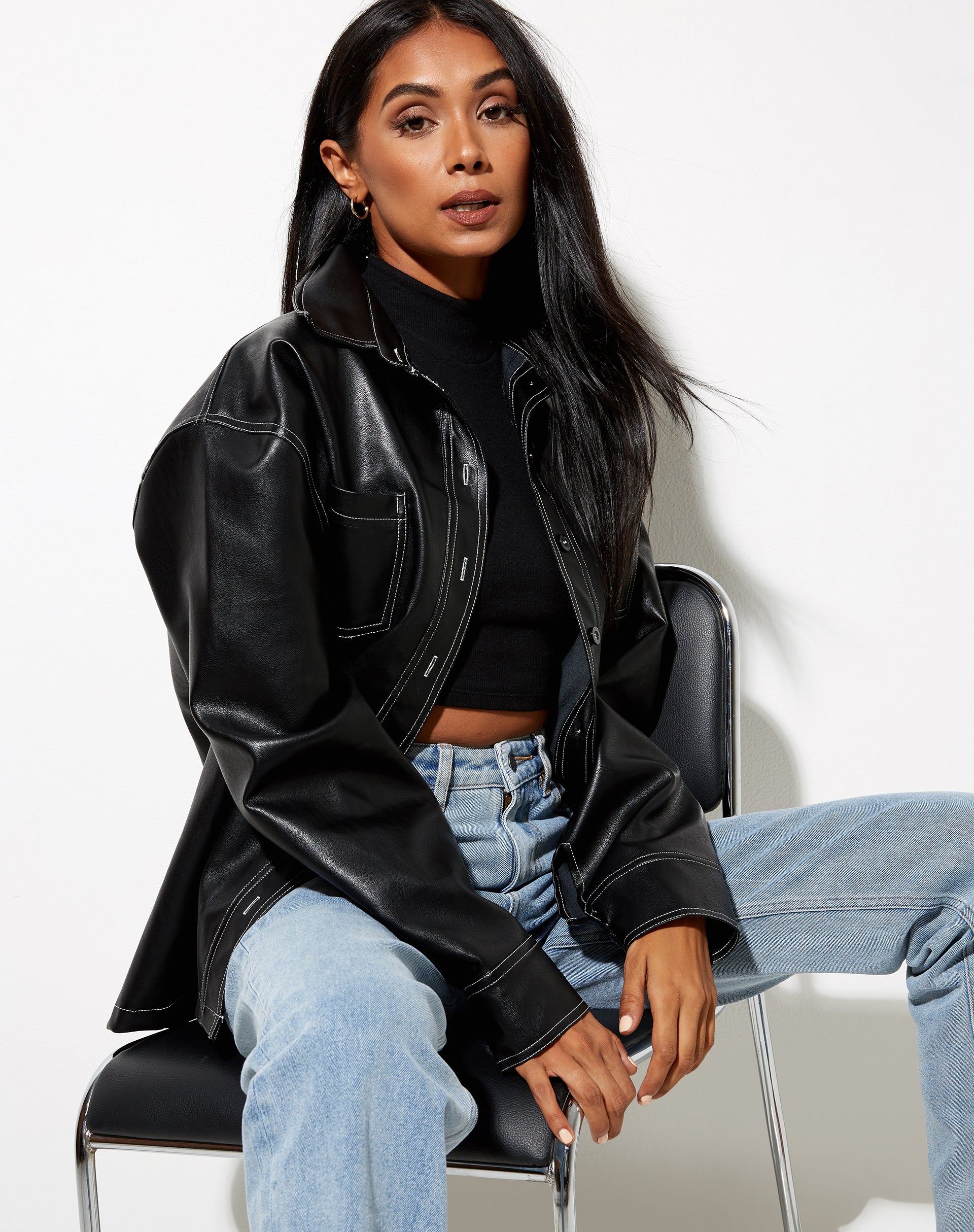 Lumberjack Shirt in PU Black with White Stitch-Nico Sky