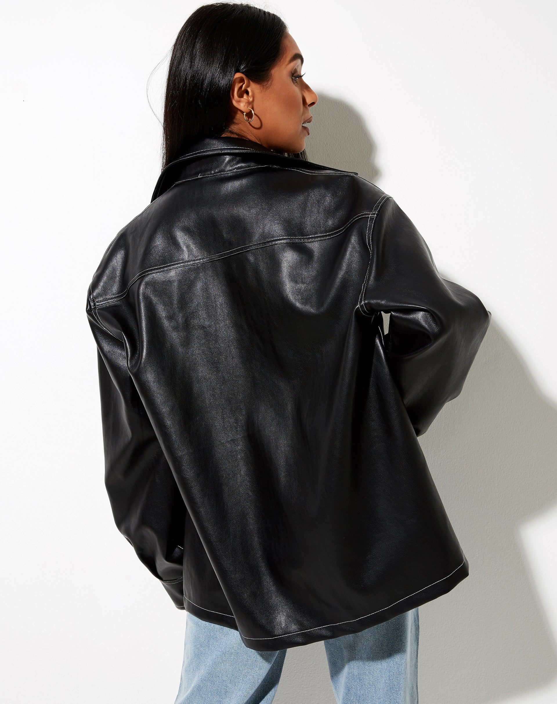 Lumberjack Shirt in PU Black with White Stitch-Nico Sky