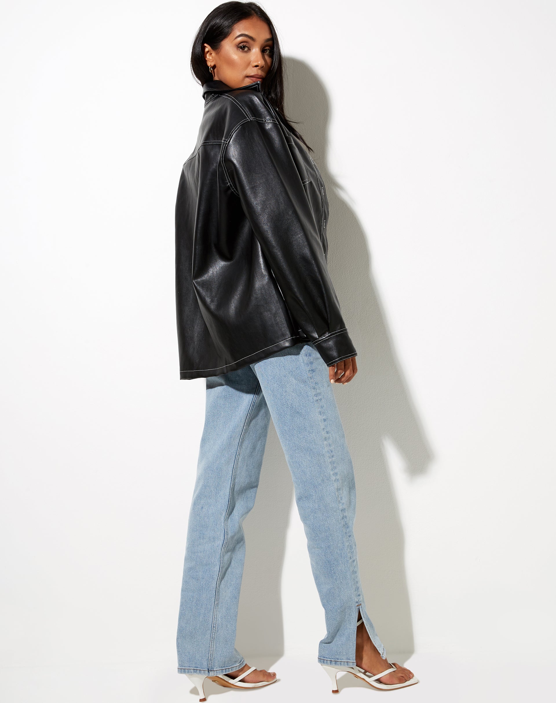 Lumberjack Shirt in PU Black with White Stitch-Nico Sky