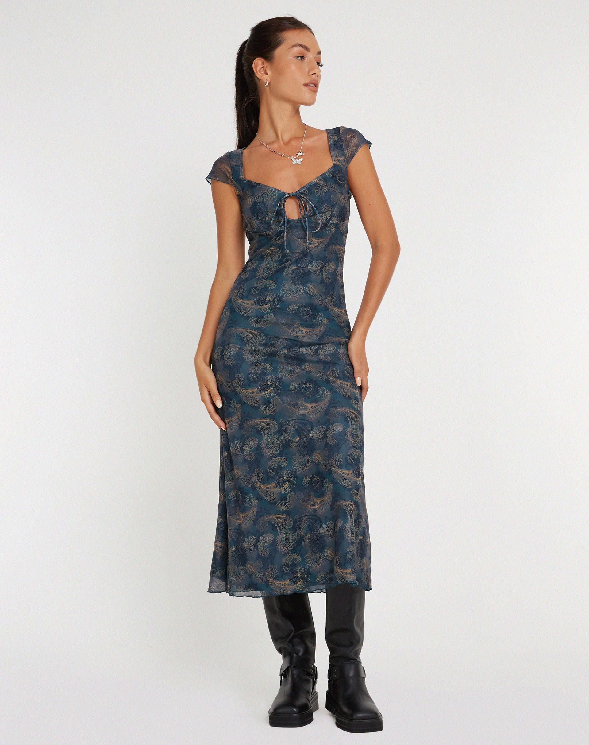 Lunama Mesh Midi Dress in Tonal Blue Paisley-Nico Sky