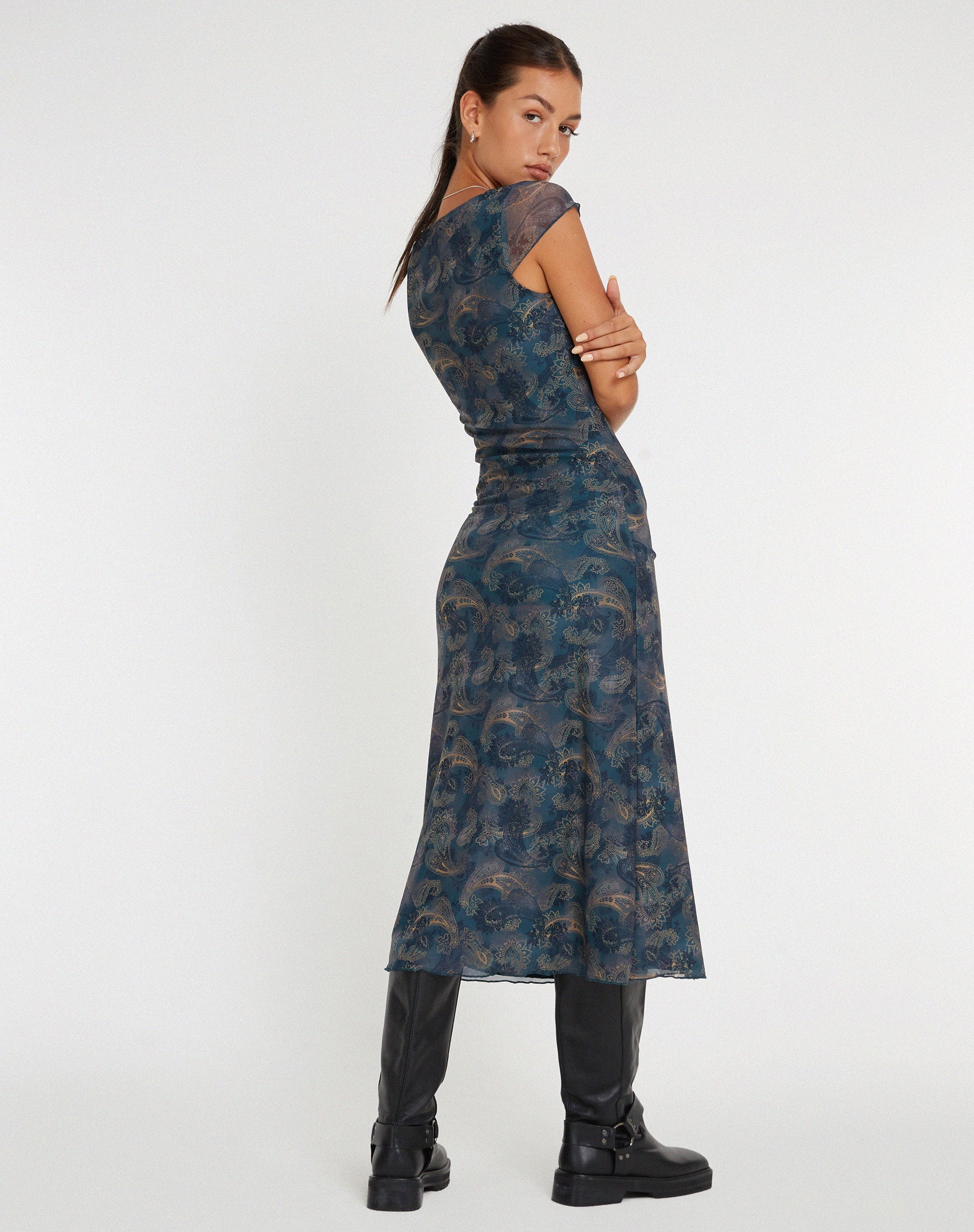 Lunama Mesh Midi Dress in Tonal Blue Paisley-Nico Sky