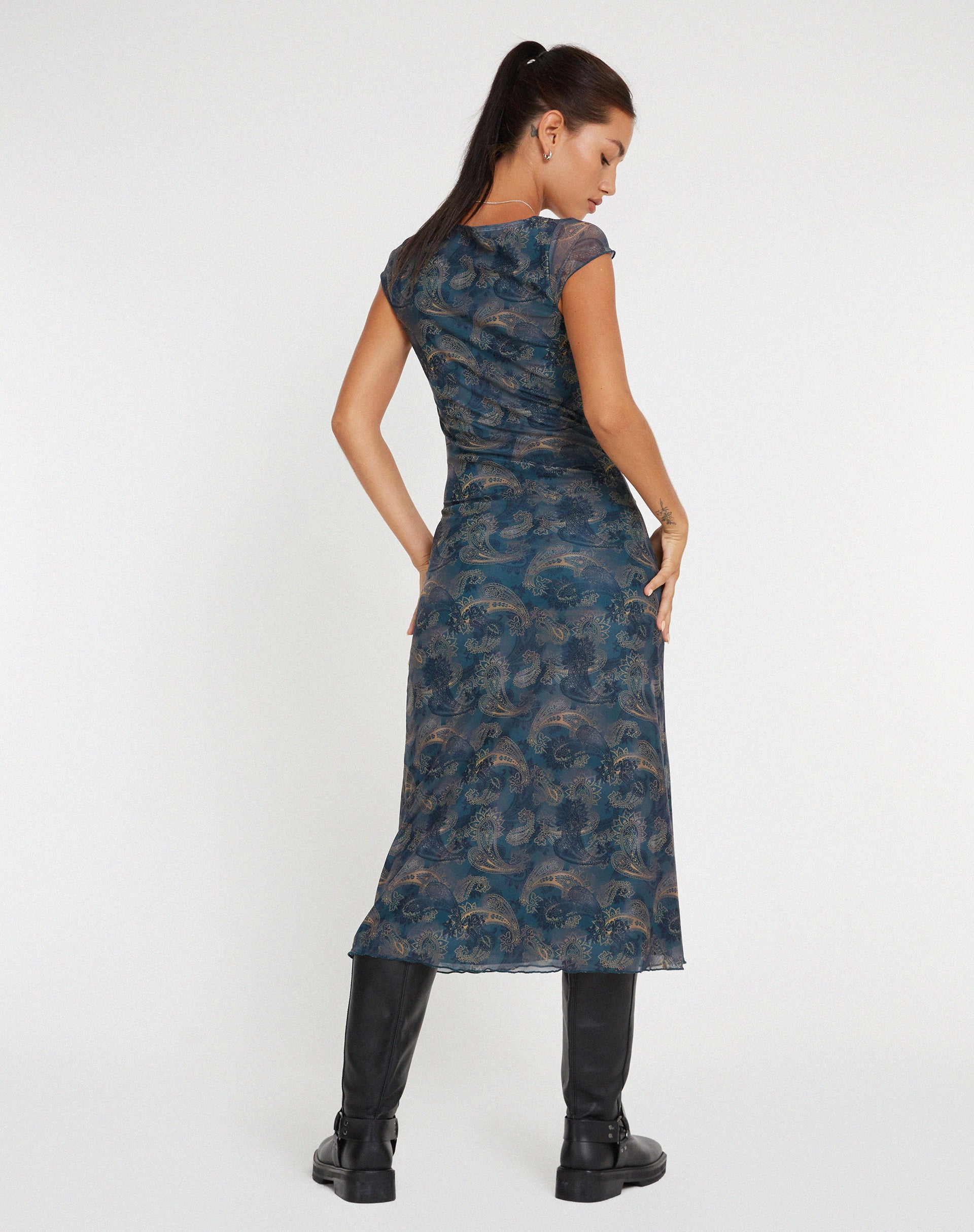 Lunama Mesh Midi Dress in Tonal Blue Paisley-Nico Sky