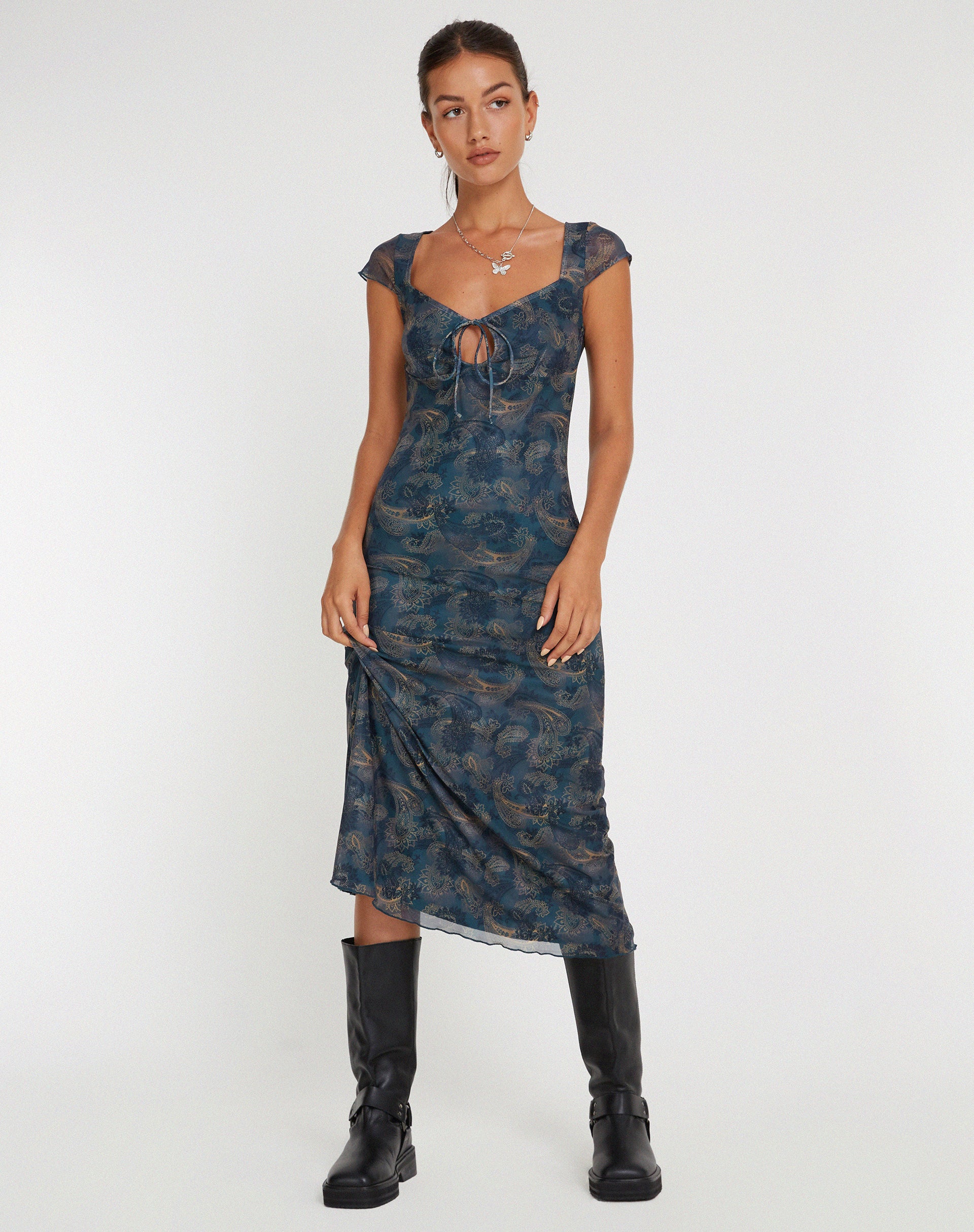Lunama Mesh Midi Dress in Tonal Blue Paisley-Nico Sky