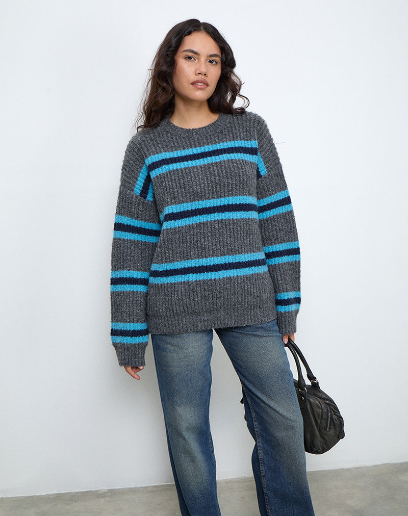 Lunet Knitted Jumper in Stripe Grey and Blue-Nico Sky