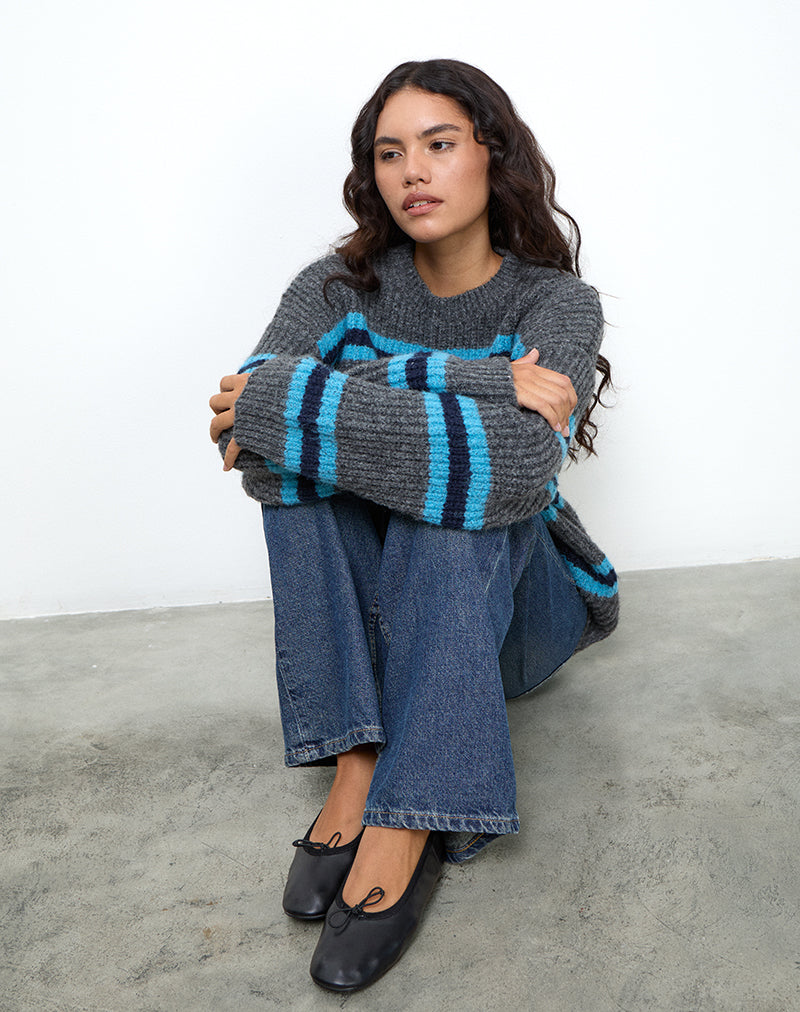 Lunet Knitted Jumper in Stripe Grey and Blue-Nico Sky