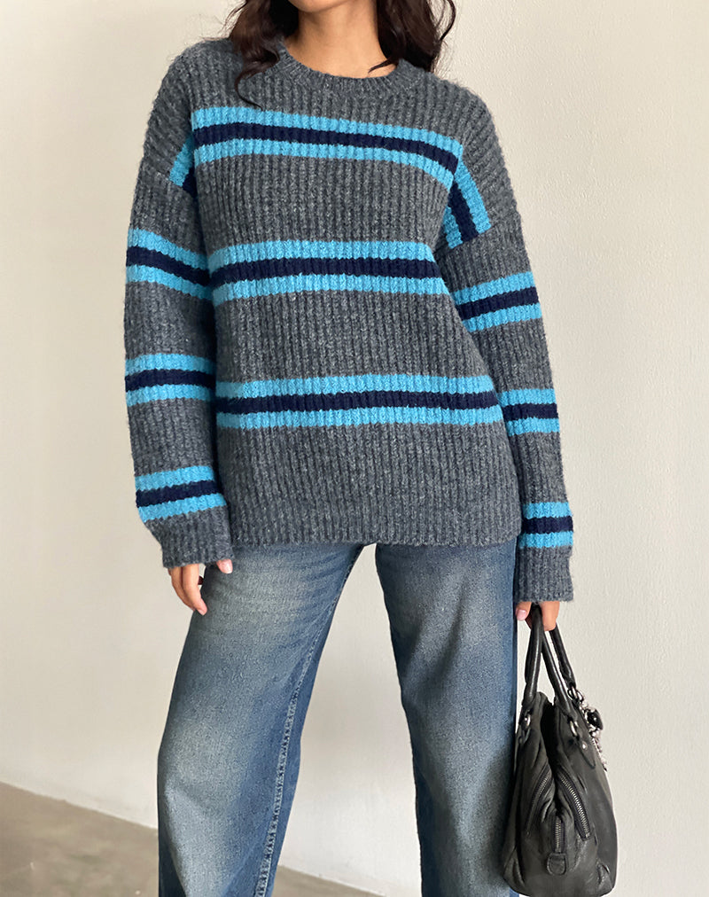 Lunet Knitted Jumper in Stripe Grey and Blue-Nico Sky