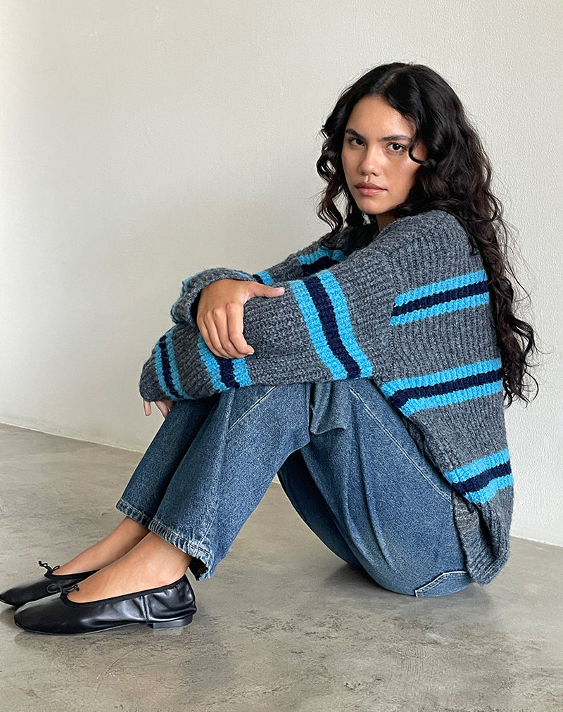 Lunet Knitted Jumper in Stripe Grey and Blue-Nico Sky
