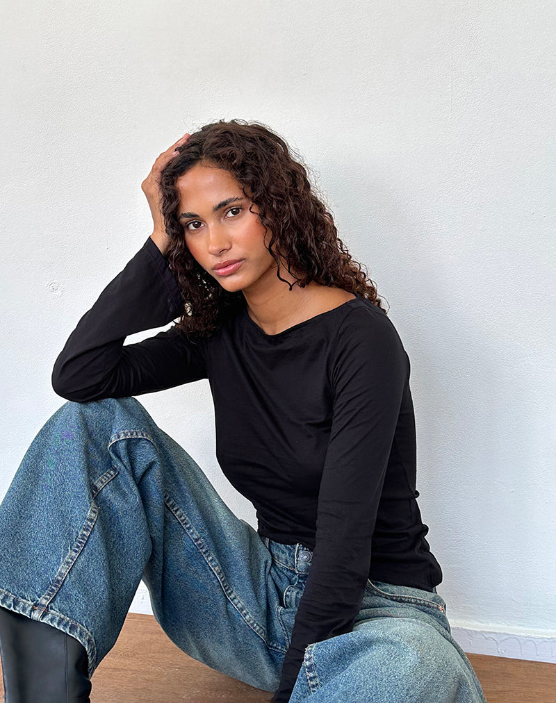 Lunica Long Sleeve Top in Tissue Jersey Black-Nico Sky