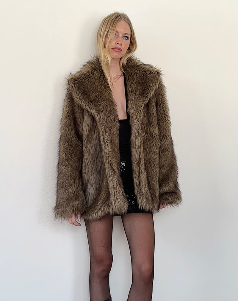 Lupita Jacket in Faux Long Fur Brown-Nico Sky
