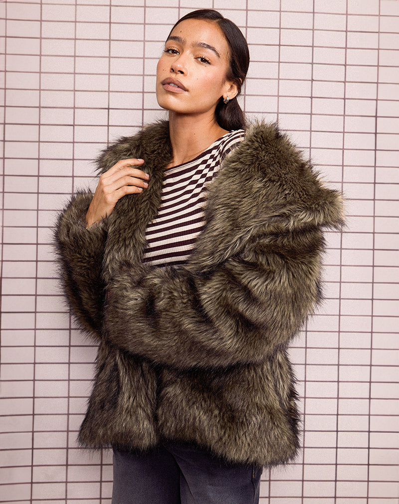 Lupita Jacket in Faux Long Fur Brown-Nico Sky