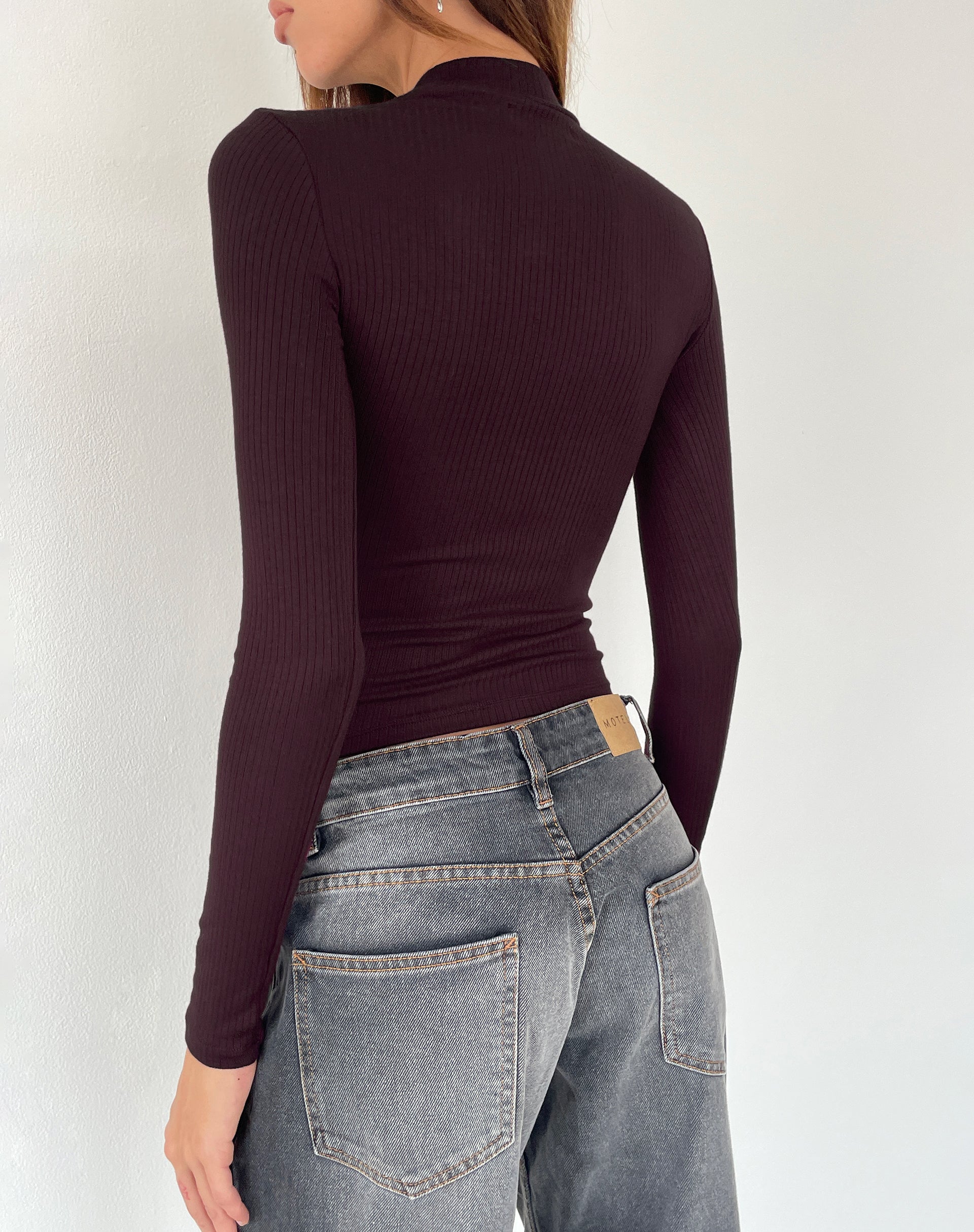 Mabel High-Neck Long Sleeve Ribbed Top in Oxblood-Nico Sky
