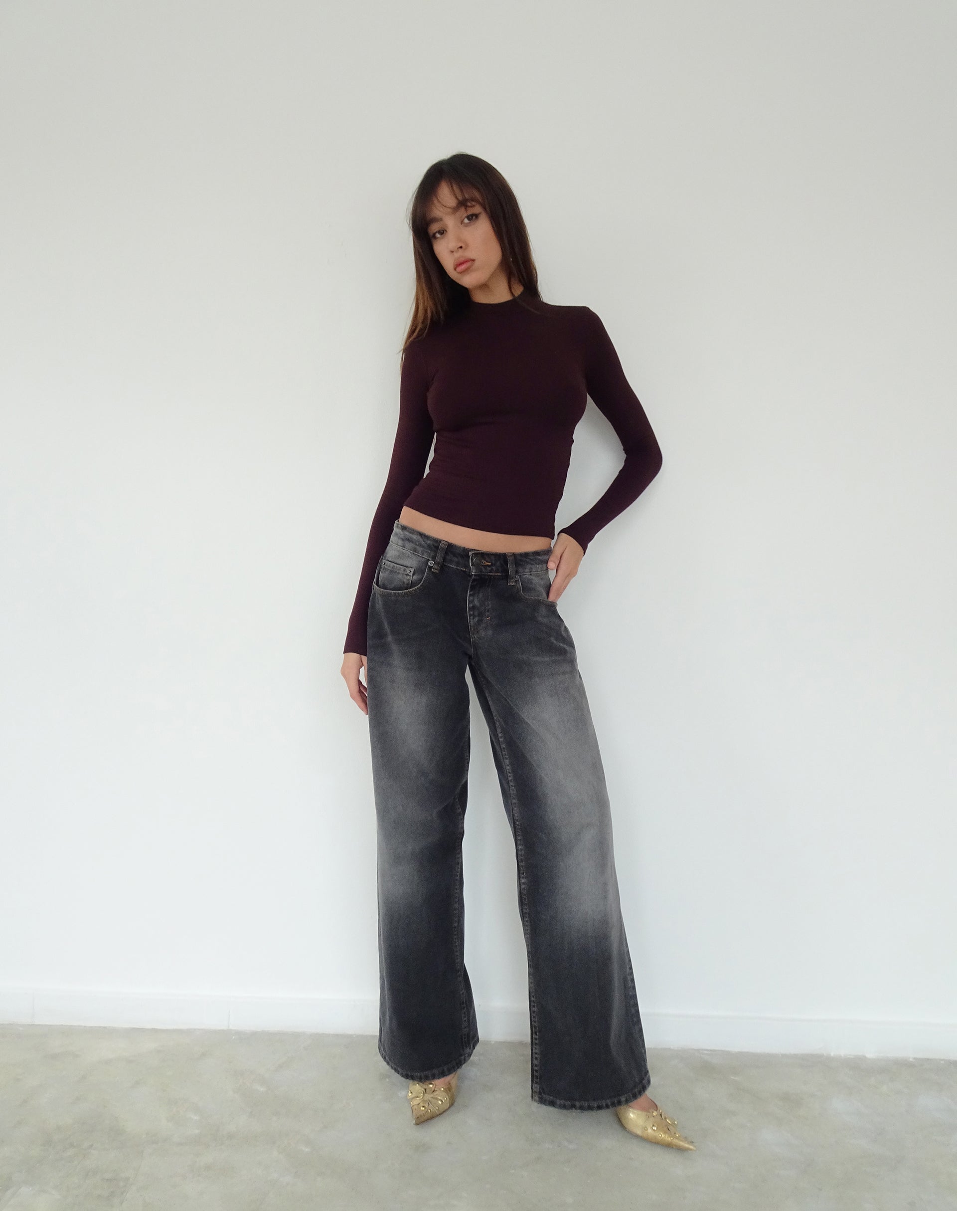 Mabel High-Neck Long Sleeve Ribbed Top in Oxblood-Nico Sky