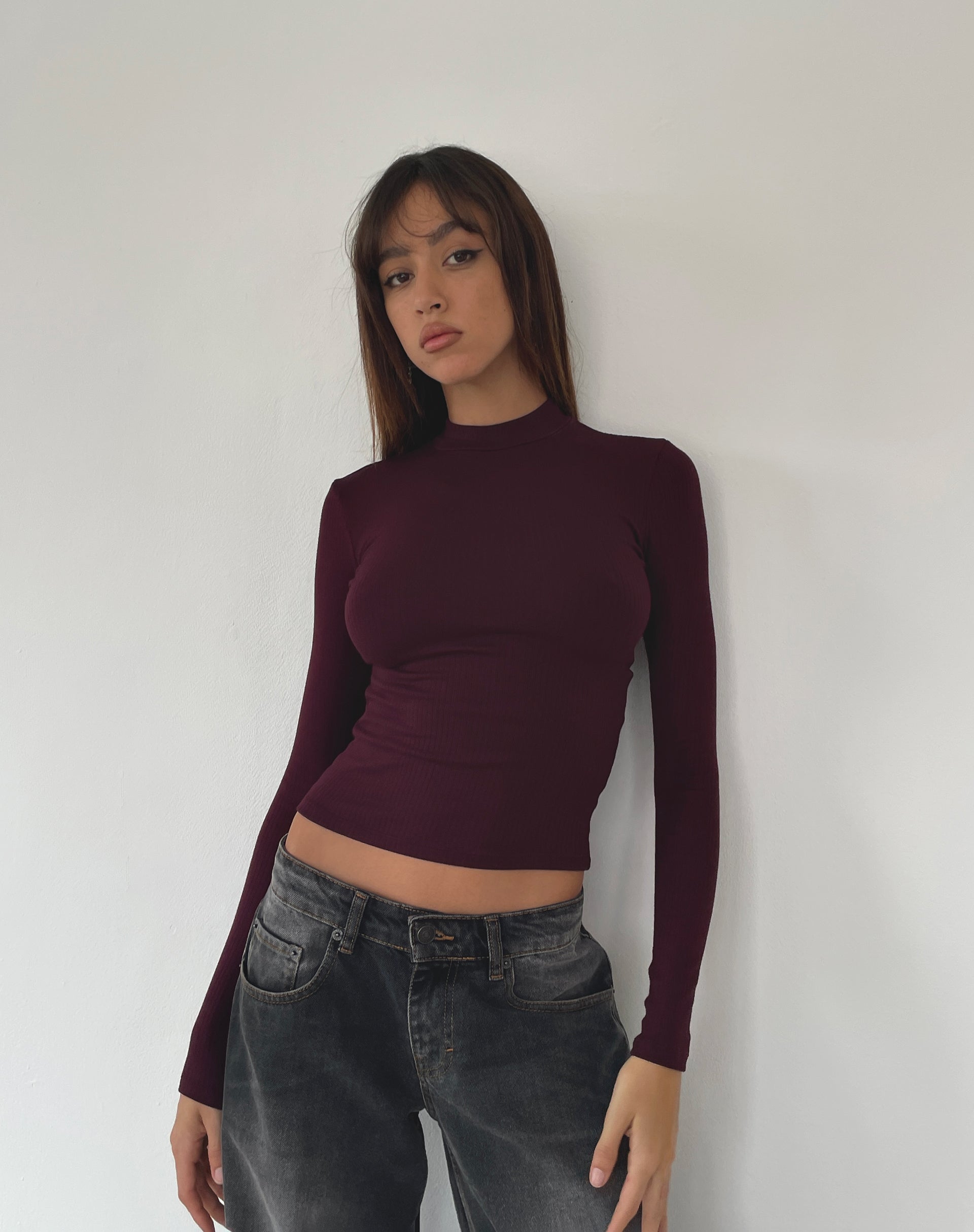 Mabel High-Neck Long Sleeve Ribbed Top in Oxblood-Nico Sky
