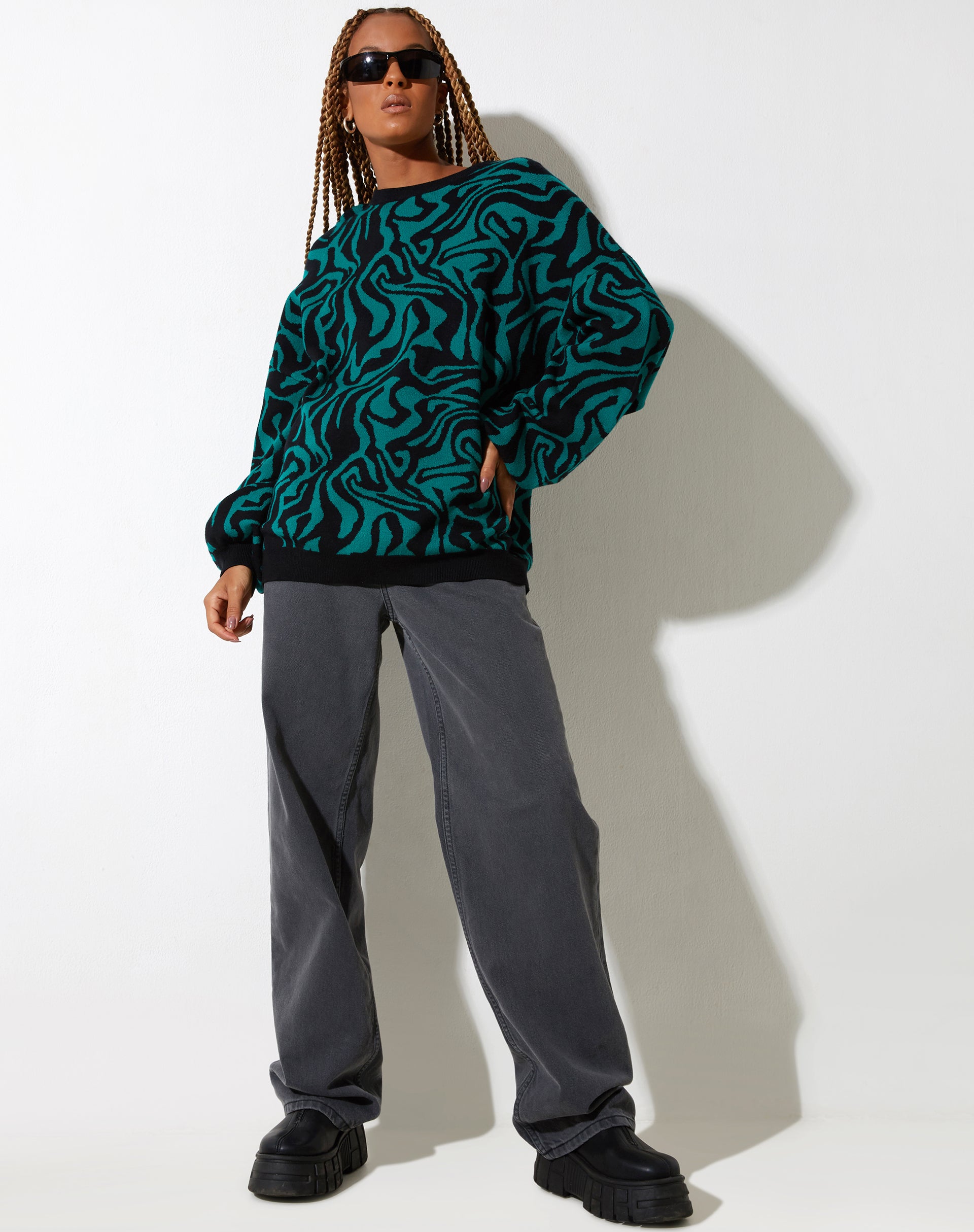 Mably Jumper in Jagged Swirl Green and Black-Nico Sky