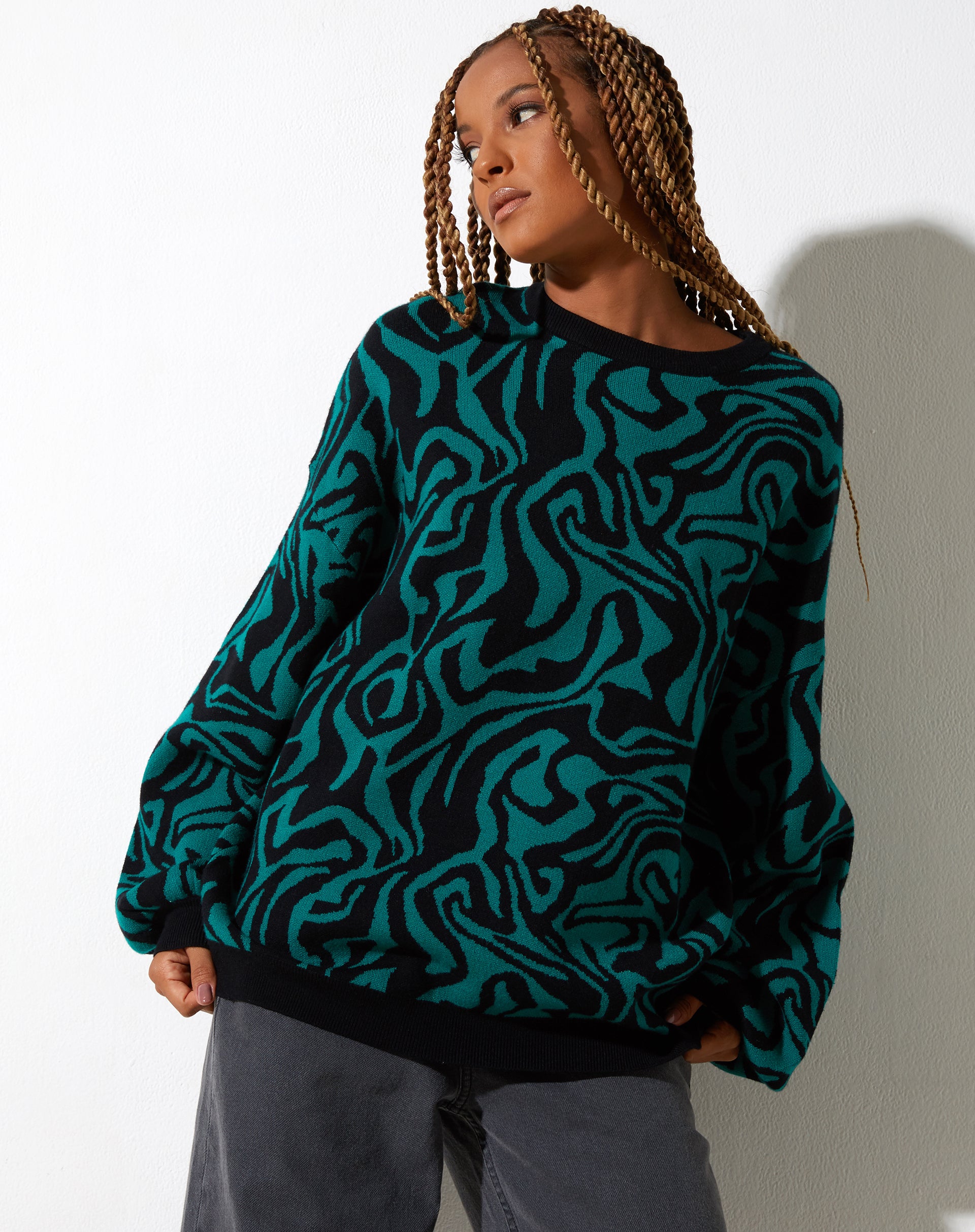 Mably Jumper in Jagged Swirl Green and Black-Nico Sky