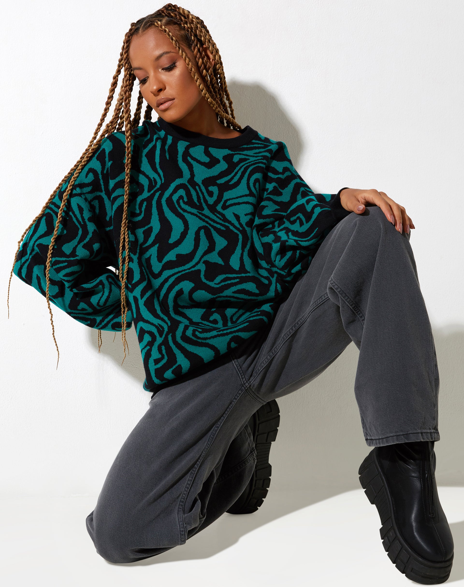 Mably Jumper in Jagged Swirl Green and Black-Nico Sky
