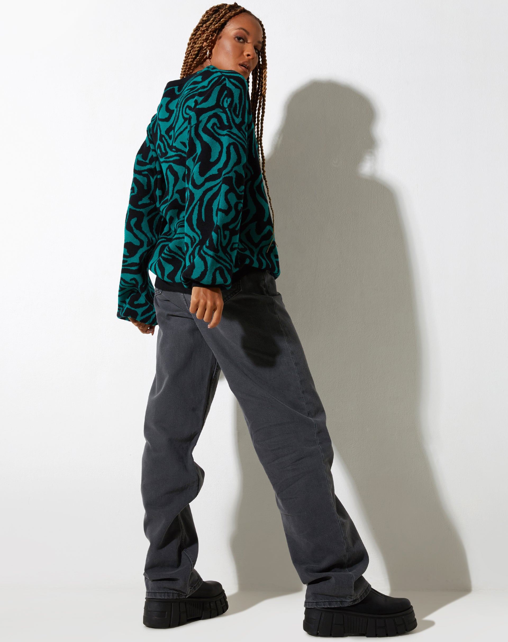 Mably Jumper in Jagged Swirl Green and Black-Nico Sky