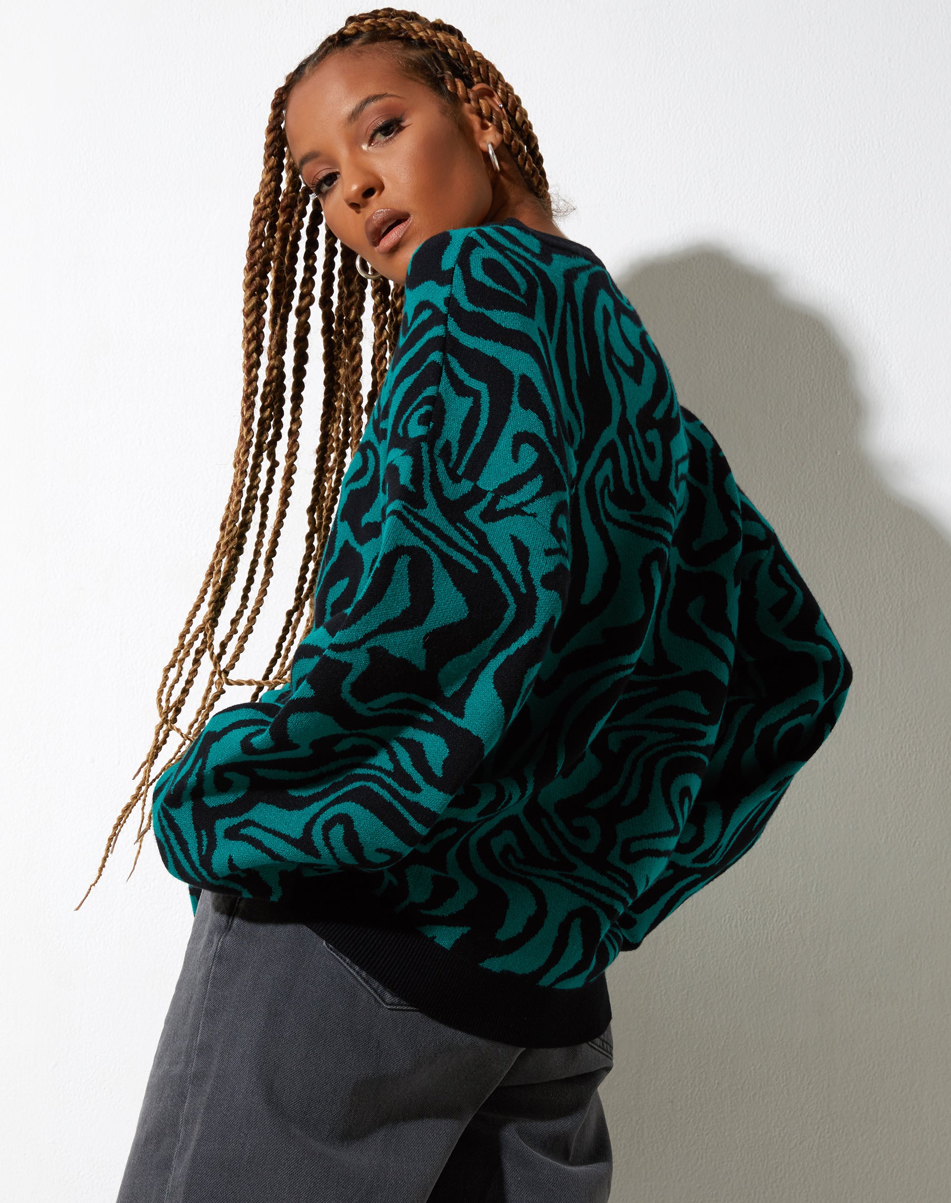 Mably Jumper in Jagged Swirl Green and Black-Nico Sky