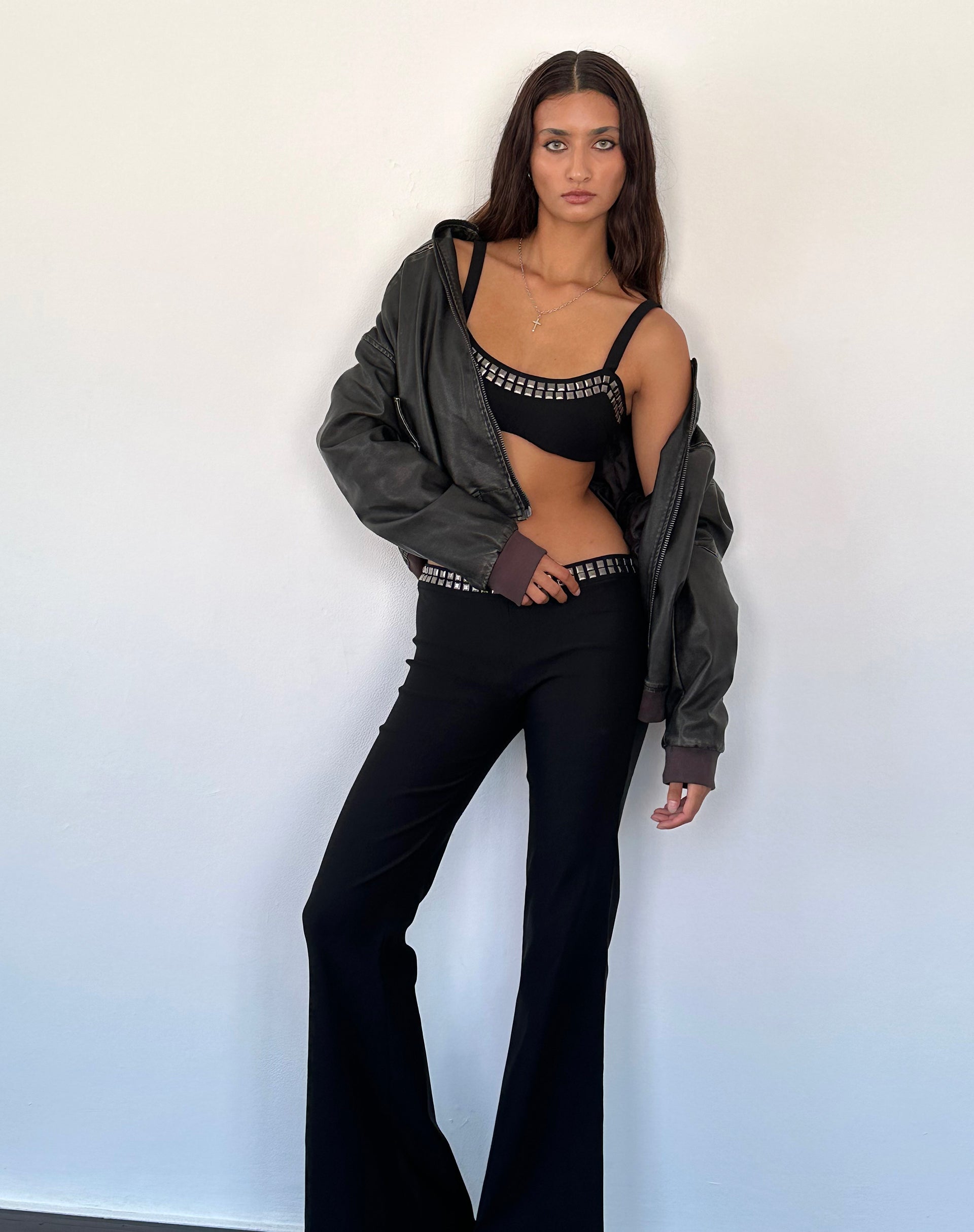 Macias Studded Flared Trousers in Black Tailoring-Nico Sky