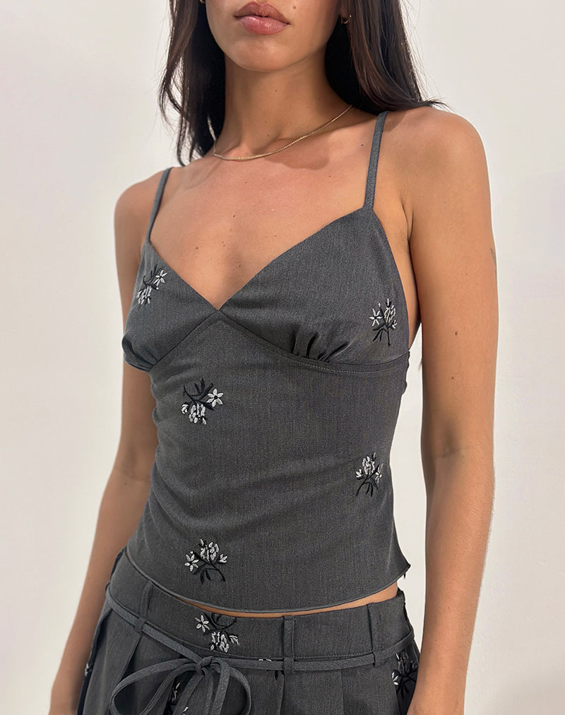 Madira Top in Floral Embroidery Tailoring Charcoal-Nico Sky