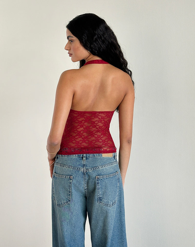 Maggha Halterneck Top in Mari Lace Red-Nico Sky