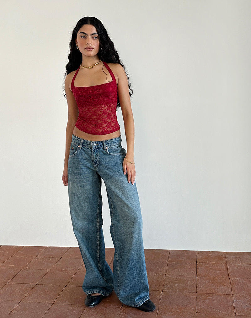 Maggha Halterneck Top in Mari Lace Red-Nico Sky