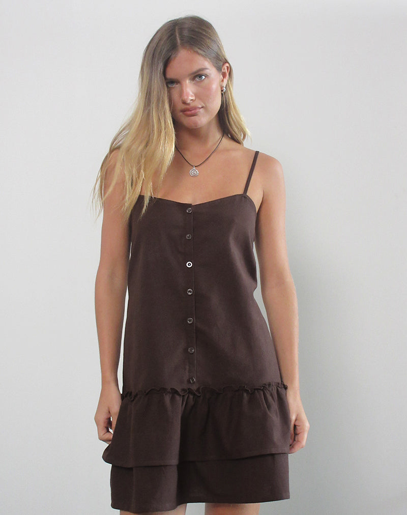 Mailina Linen Button Up Mini Dress in Chocolate Brown-Nico Sky