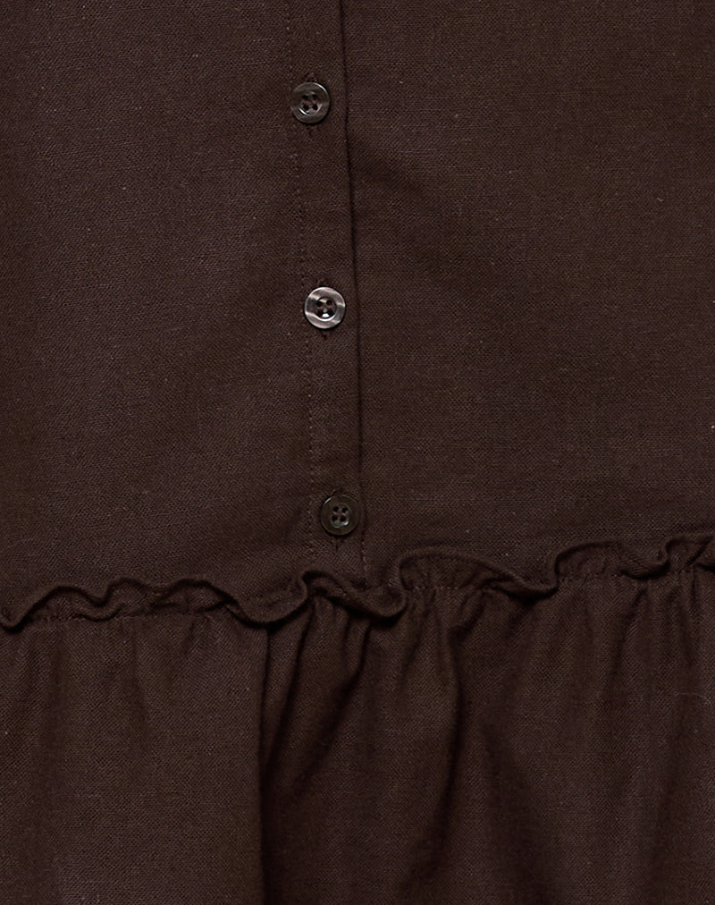 Mailina Linen Button Up Mini Dress in Chocolate Brown-Nico Sky