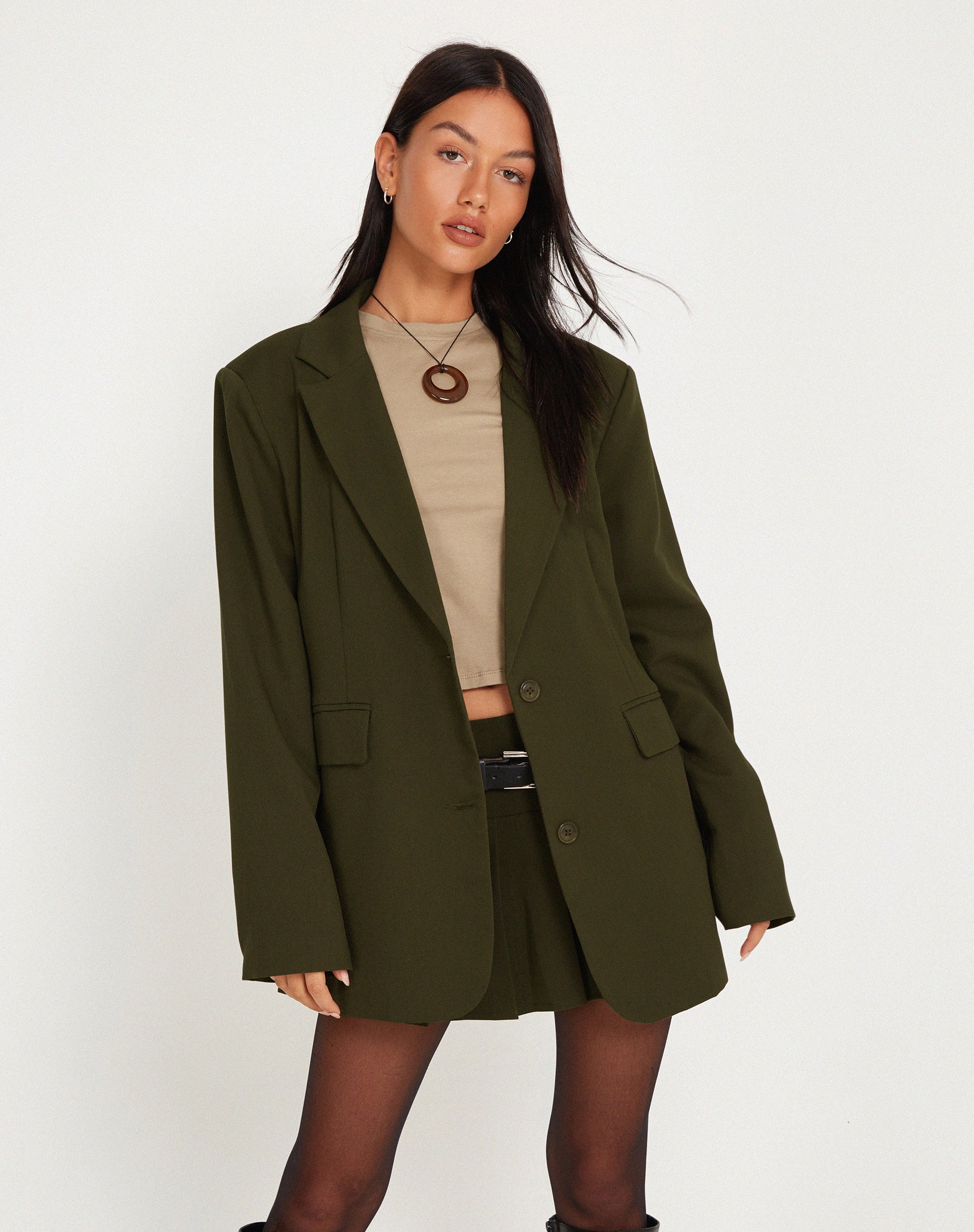 Casini Pleated Micro Skirt in Dark Khaki-Nico Sky