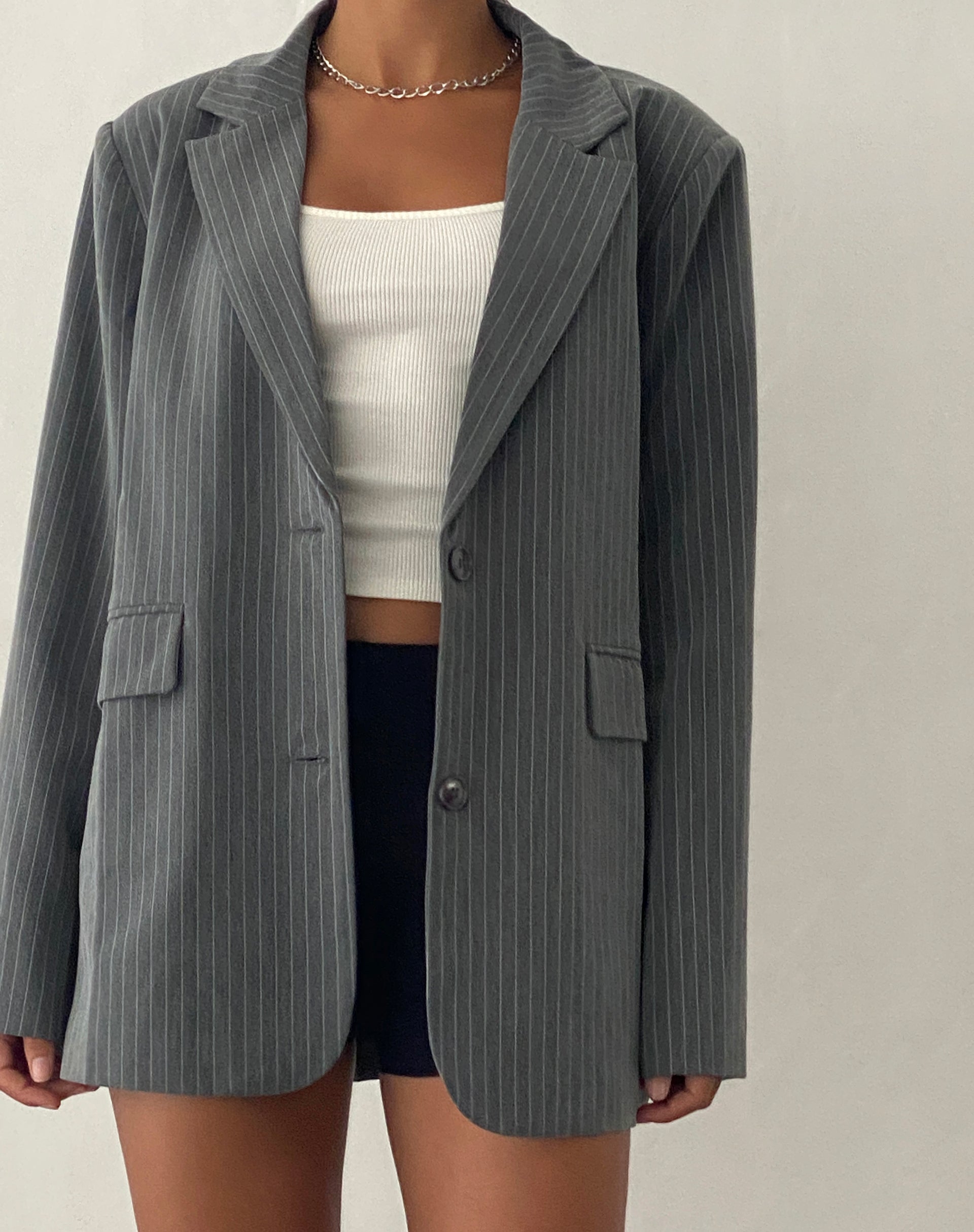 Maiwa Blazer in Tailoring Grey Pinstripe-Nico Sky