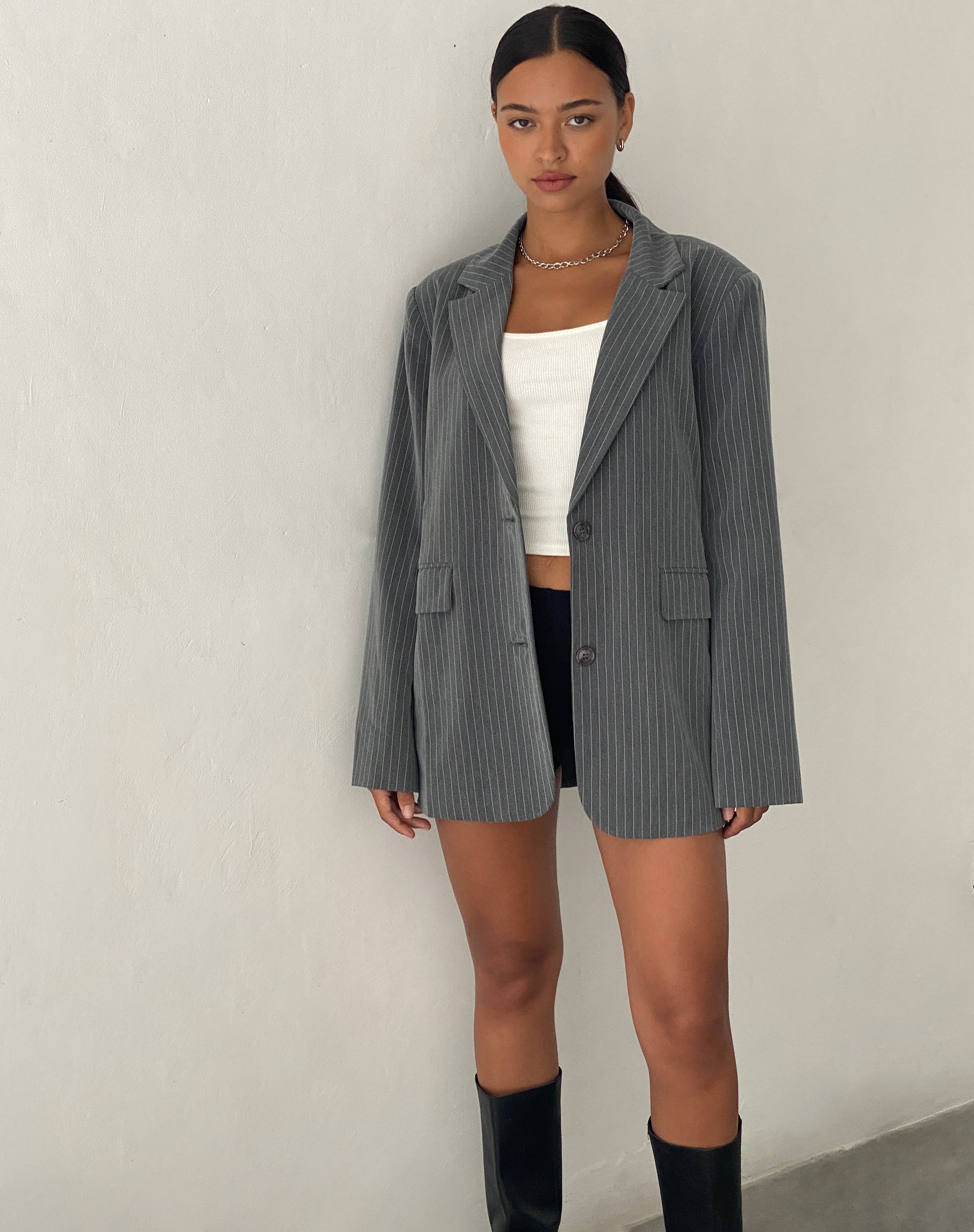 Maiwa Blazer in Tailoring Grey Pinstripe-Nico Sky