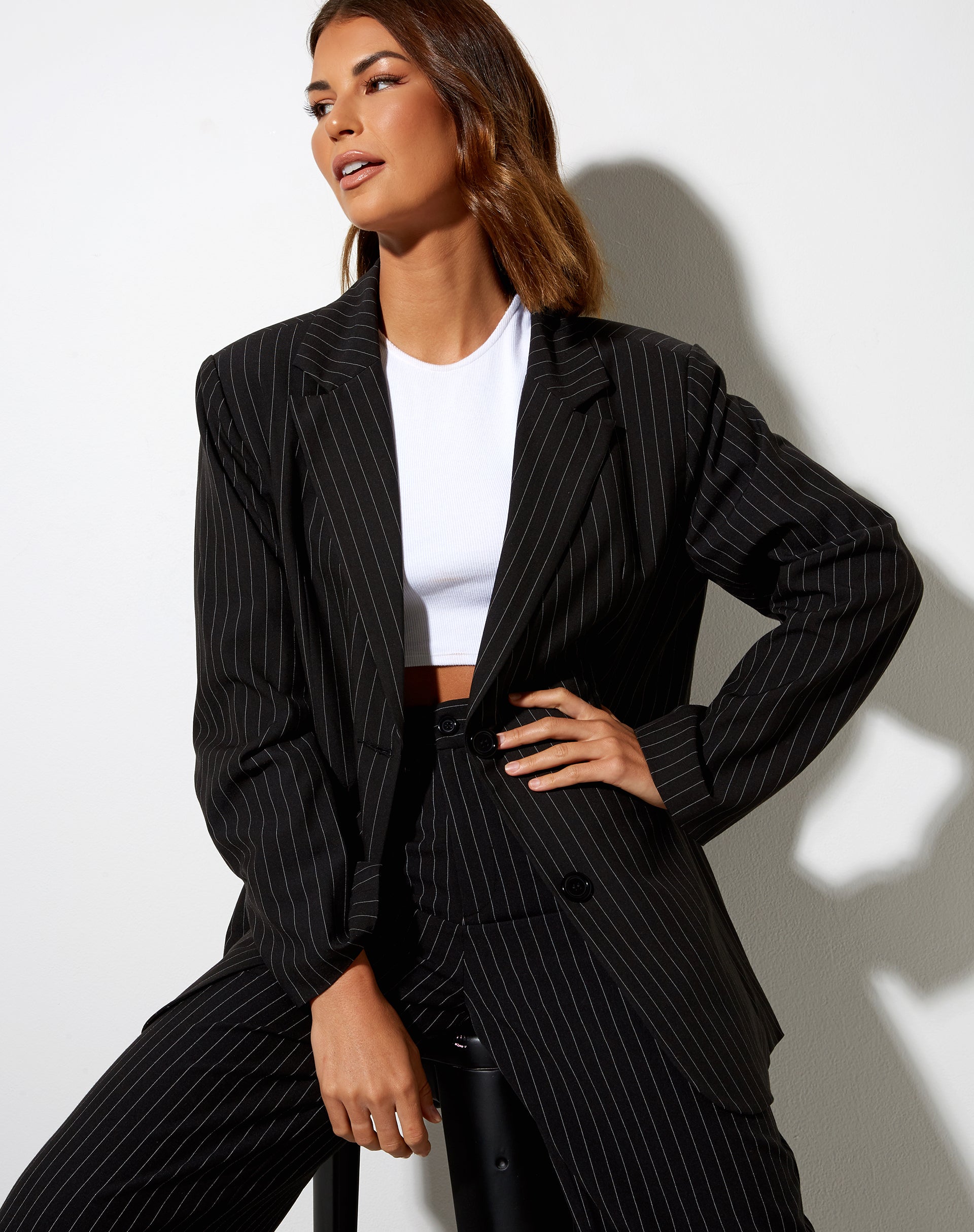 Maiwa Blazer in Pinstripe Black-Nico Sky